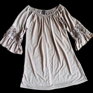Beige Tan Ruffle Sleeve Tunic Top Small/Medium Women's stretch shirt